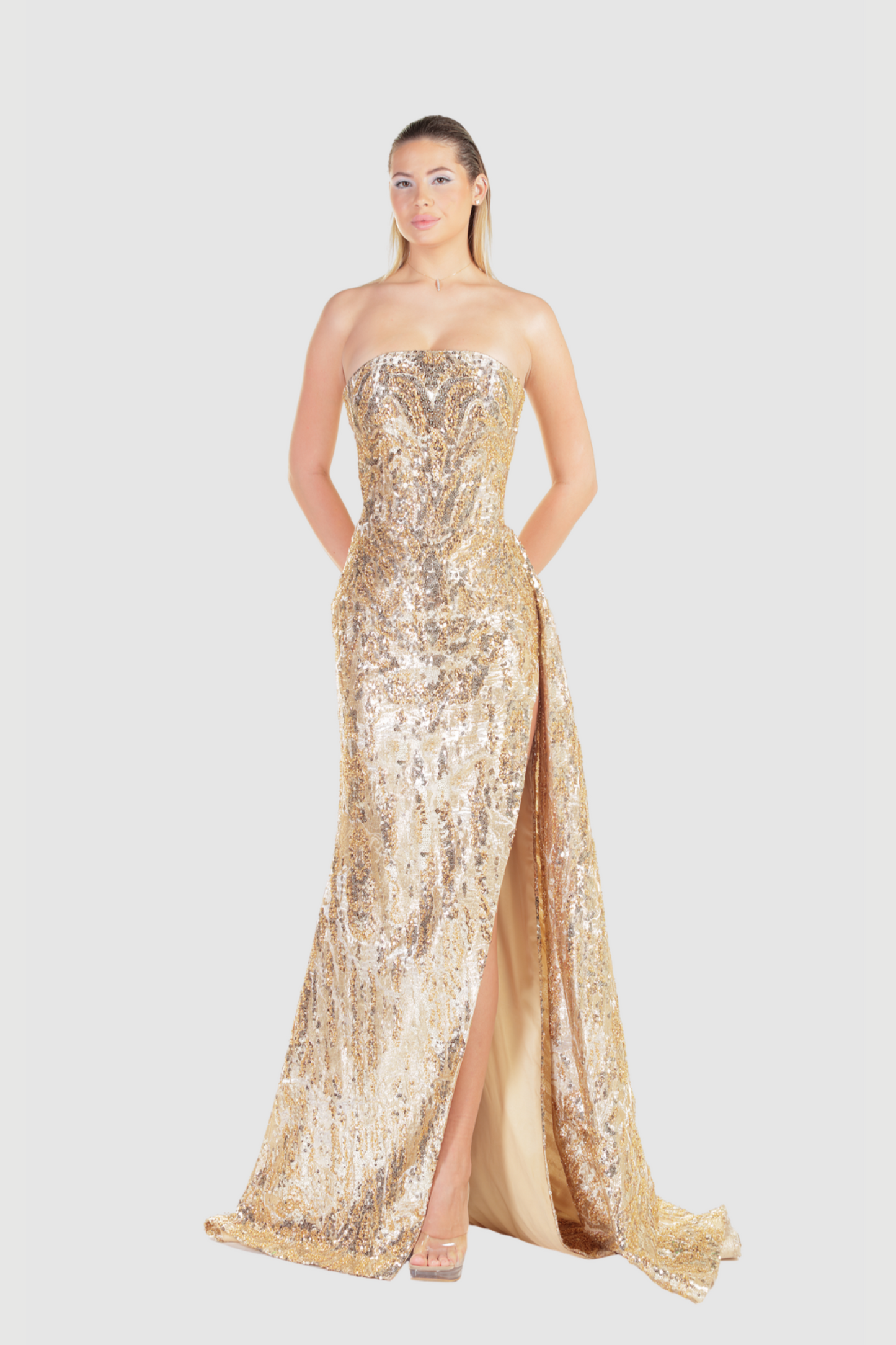 Gold Strapless Sequin Gown