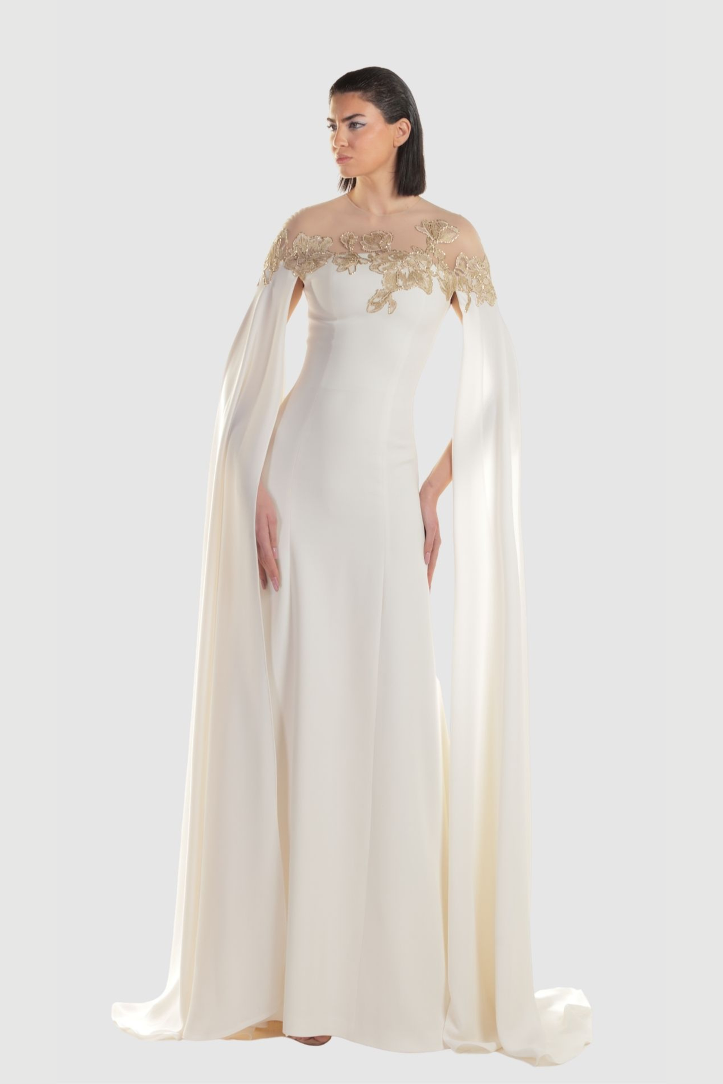 White Crepe Cape Sleeve Gown