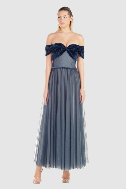 Pleated Off-Shoulder Midi Dress