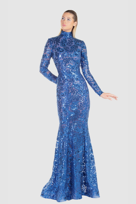Blue Long Sleeve Floral Mermaid Gown