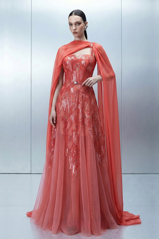 Embellished A-Line Gown with Cape