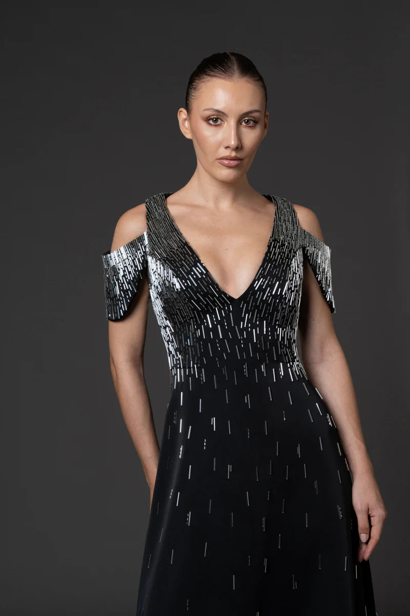 V-Neck Black Scuba Crêpe Dress