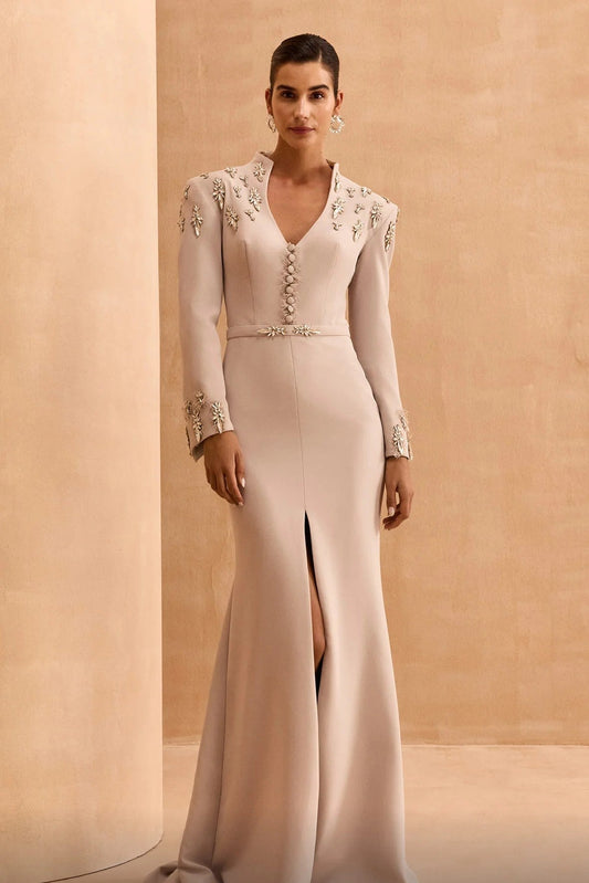 Long Sleeve Flared Slit Gown