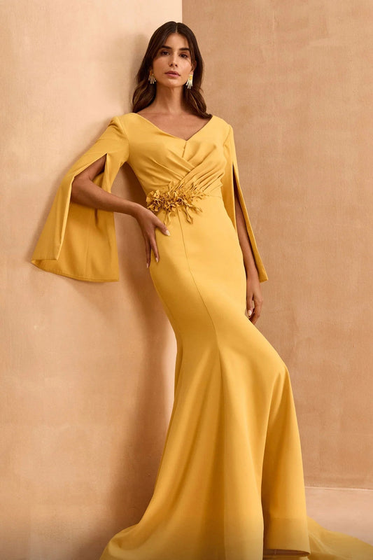 Long Cape Sleeve Flared Gown