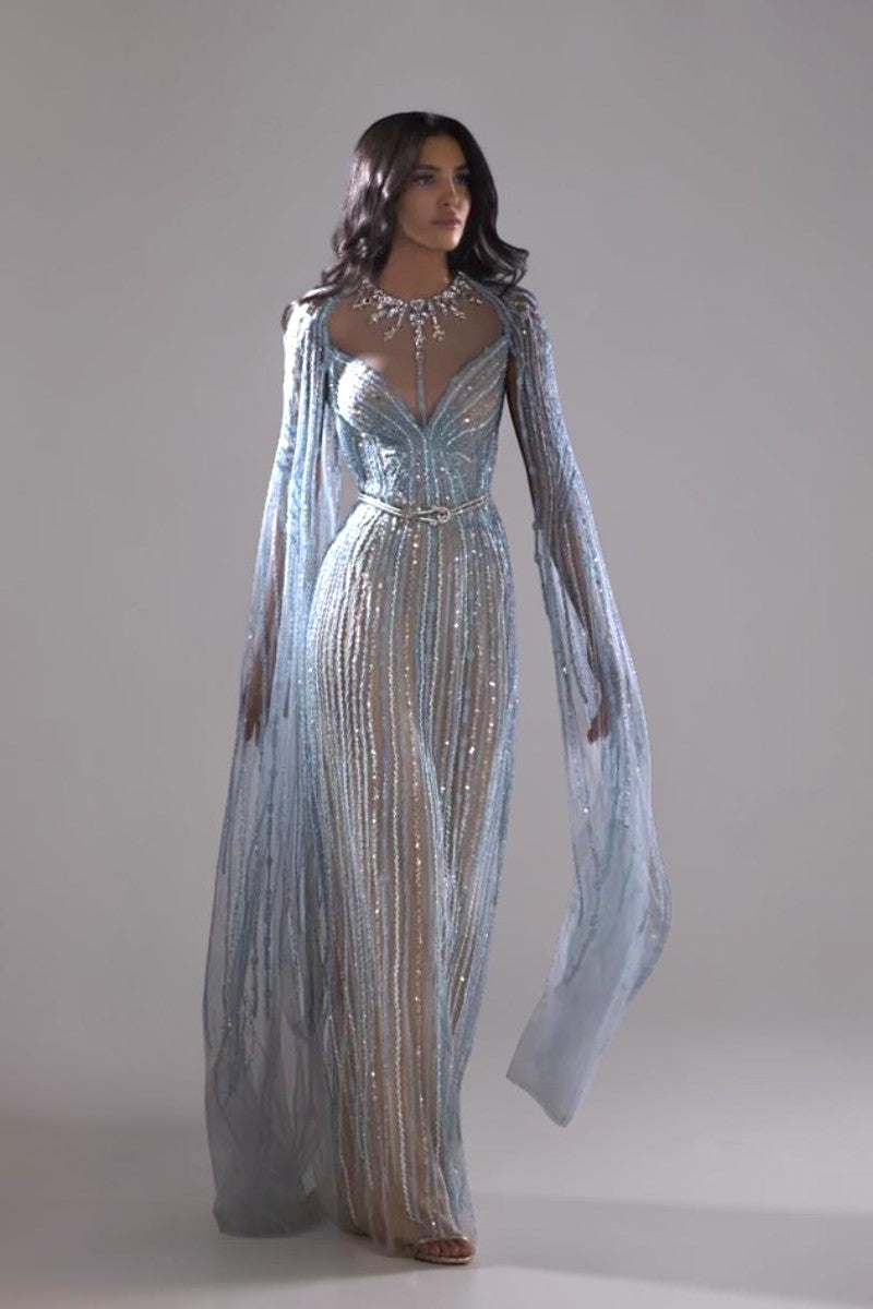 Sheer Beaded Cape Sleeve Gown