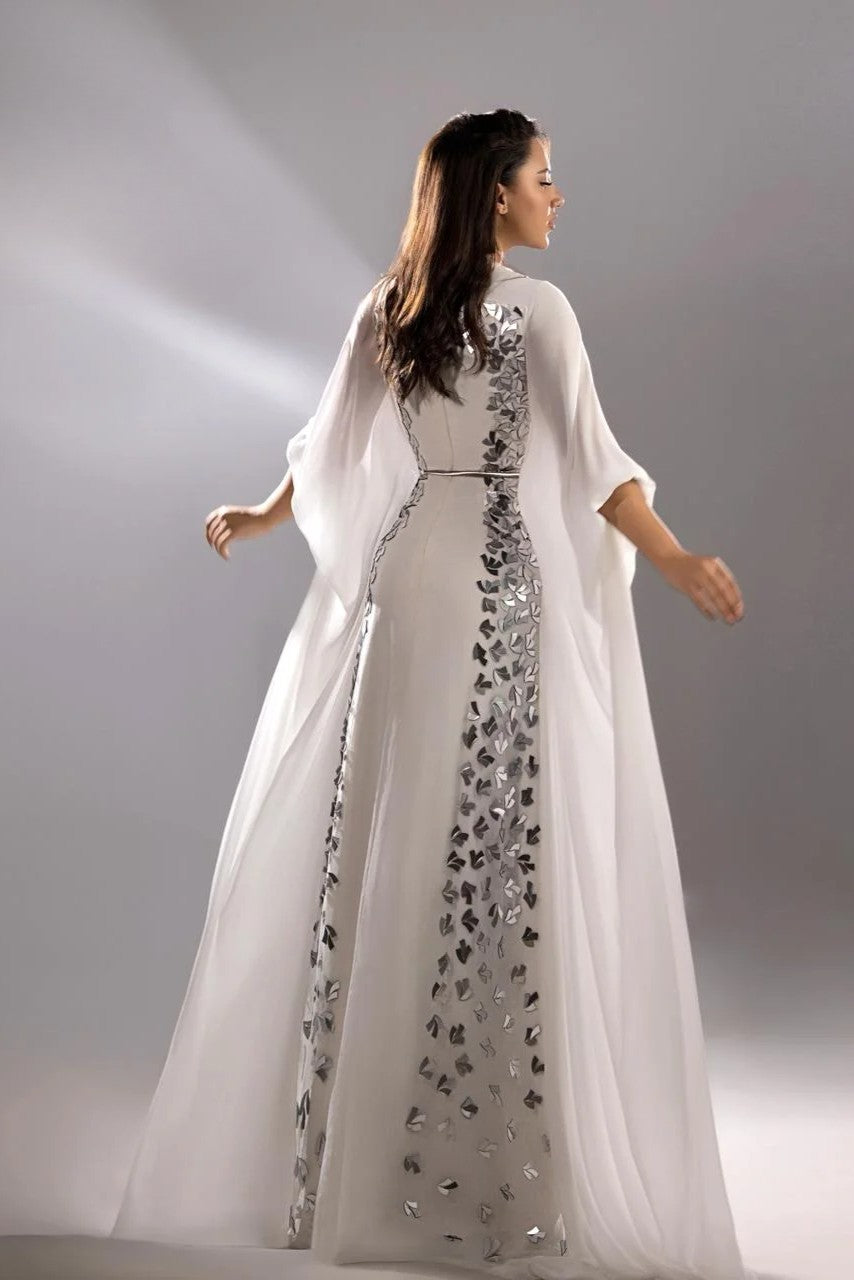 Embellished White Cape Sleeve Gown