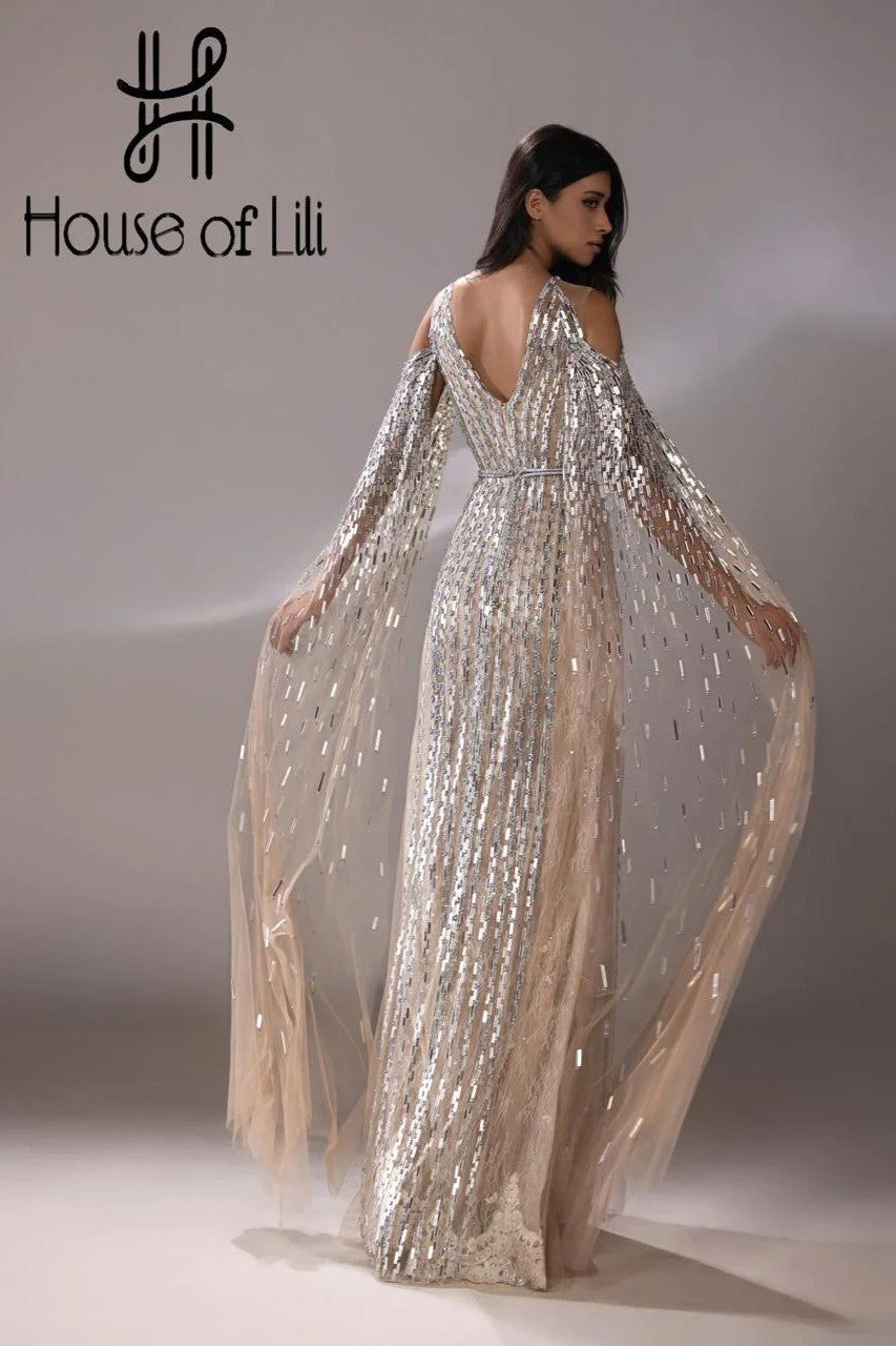 Beige Beaded Cape Sleeve Gown