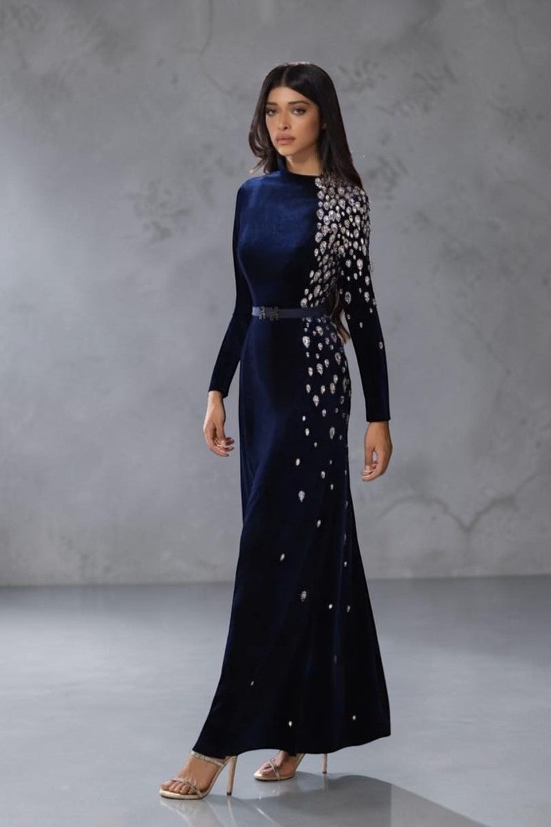 Navy Long Sleeve Velvet Gown