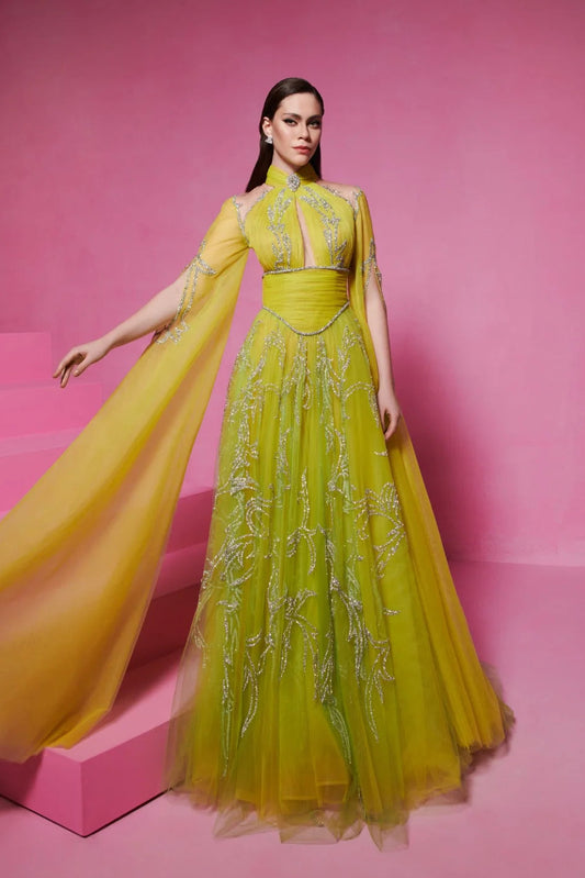 Embellished A-Line Gown with Slit Sleeves