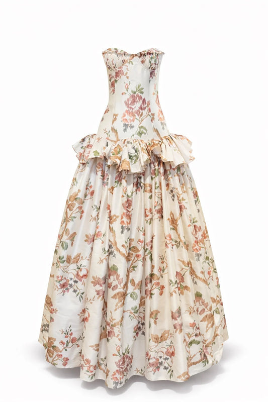 Flower Printed Silk Shantung Ball Gown