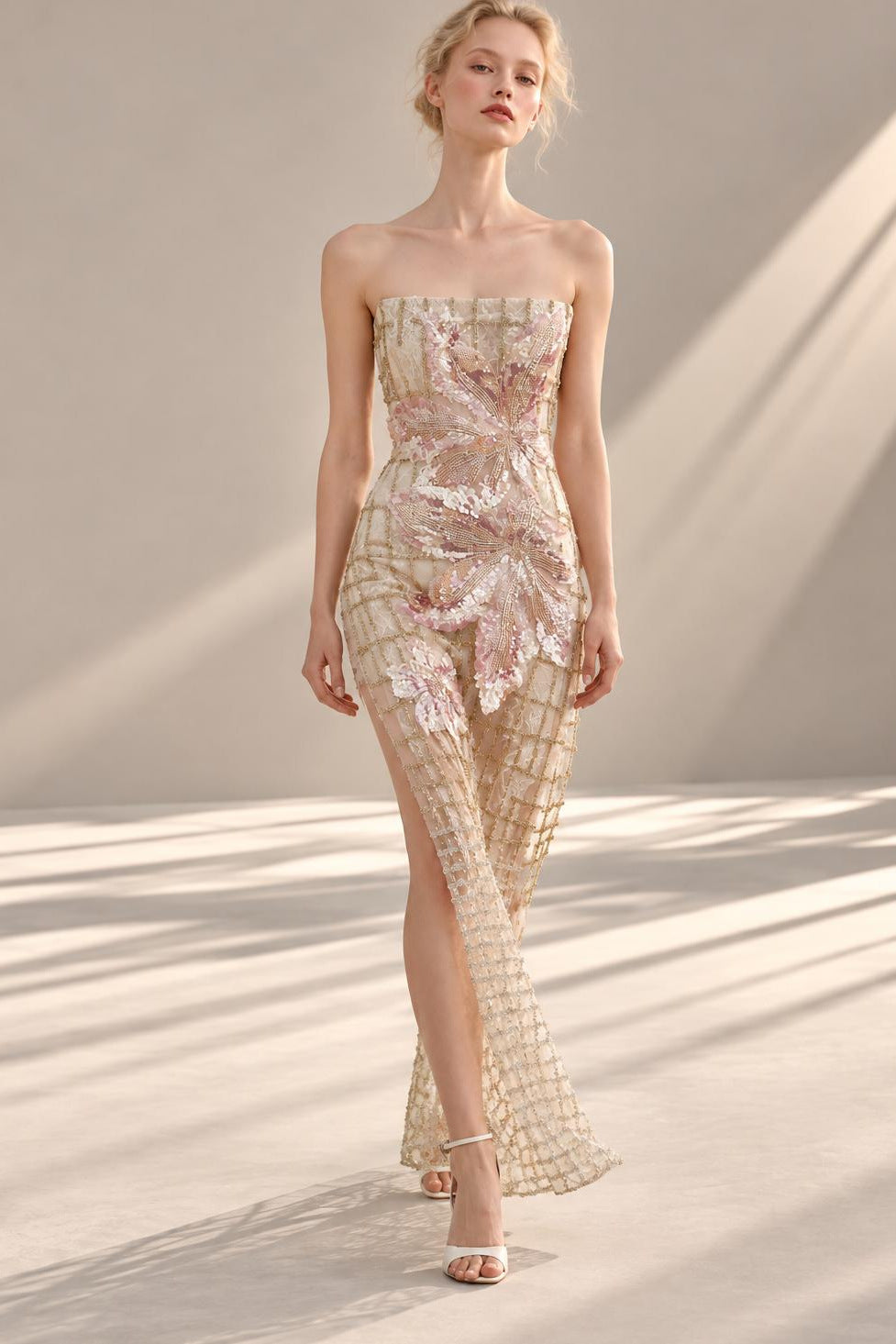 Strapless Floral Sequin Gown
