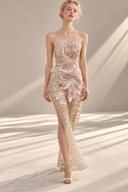 Strapless Floral Sequin Gown