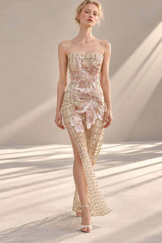 Strapless Floral Sequin Gown