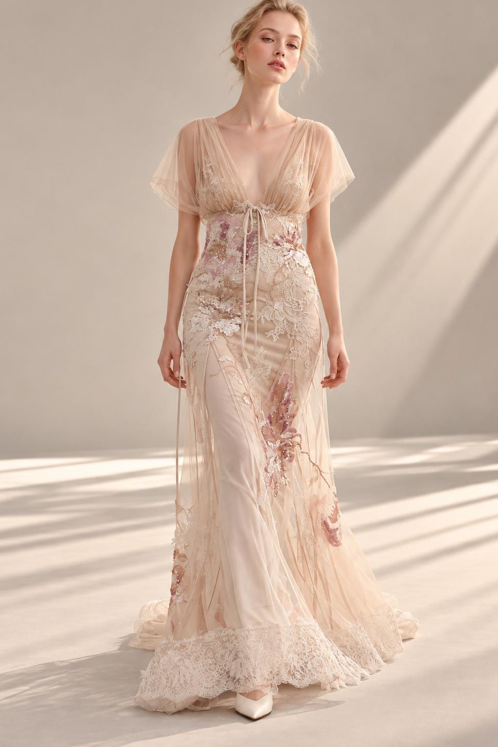 Flutter-Sleeve Embroidered Gown