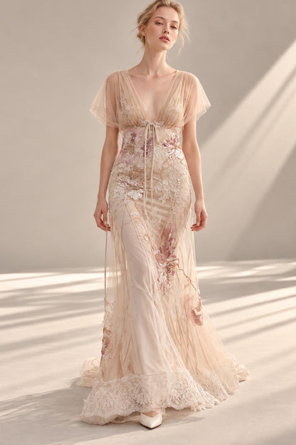Flutter-Sleeve Embroidered Gown