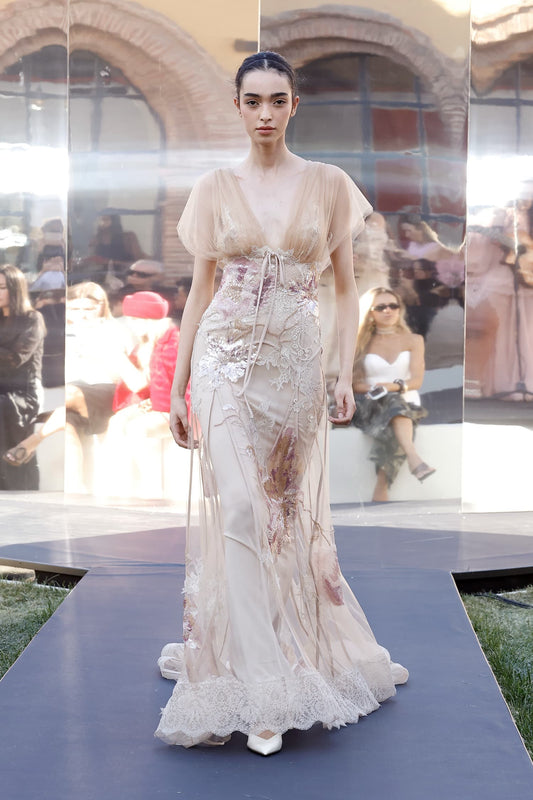 Flutter-Sleeve Embroidered Gown