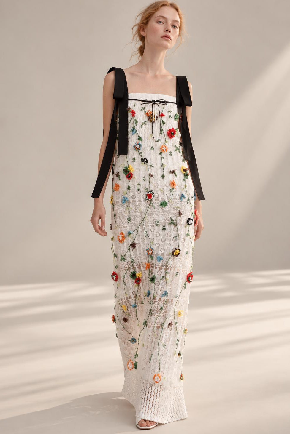 Bow-Strap Floral Lace Gown