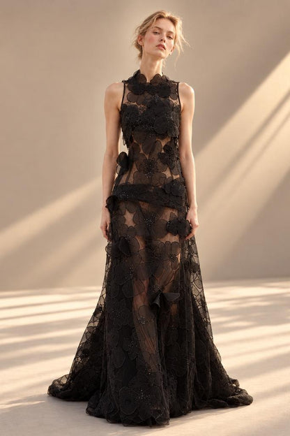 Sheer Floral Appliqué Gown