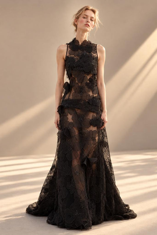 Sheer Floral Appliqué Gown