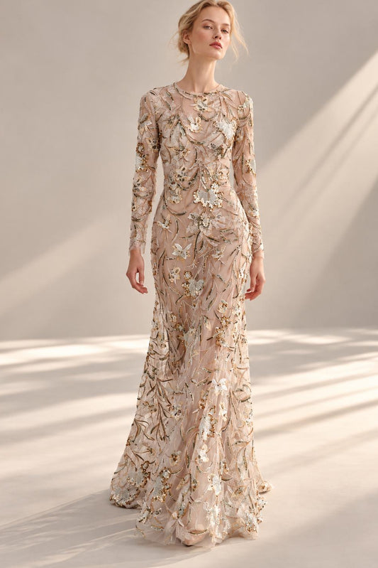 Long-Sleeve Botanical Sequin Gown