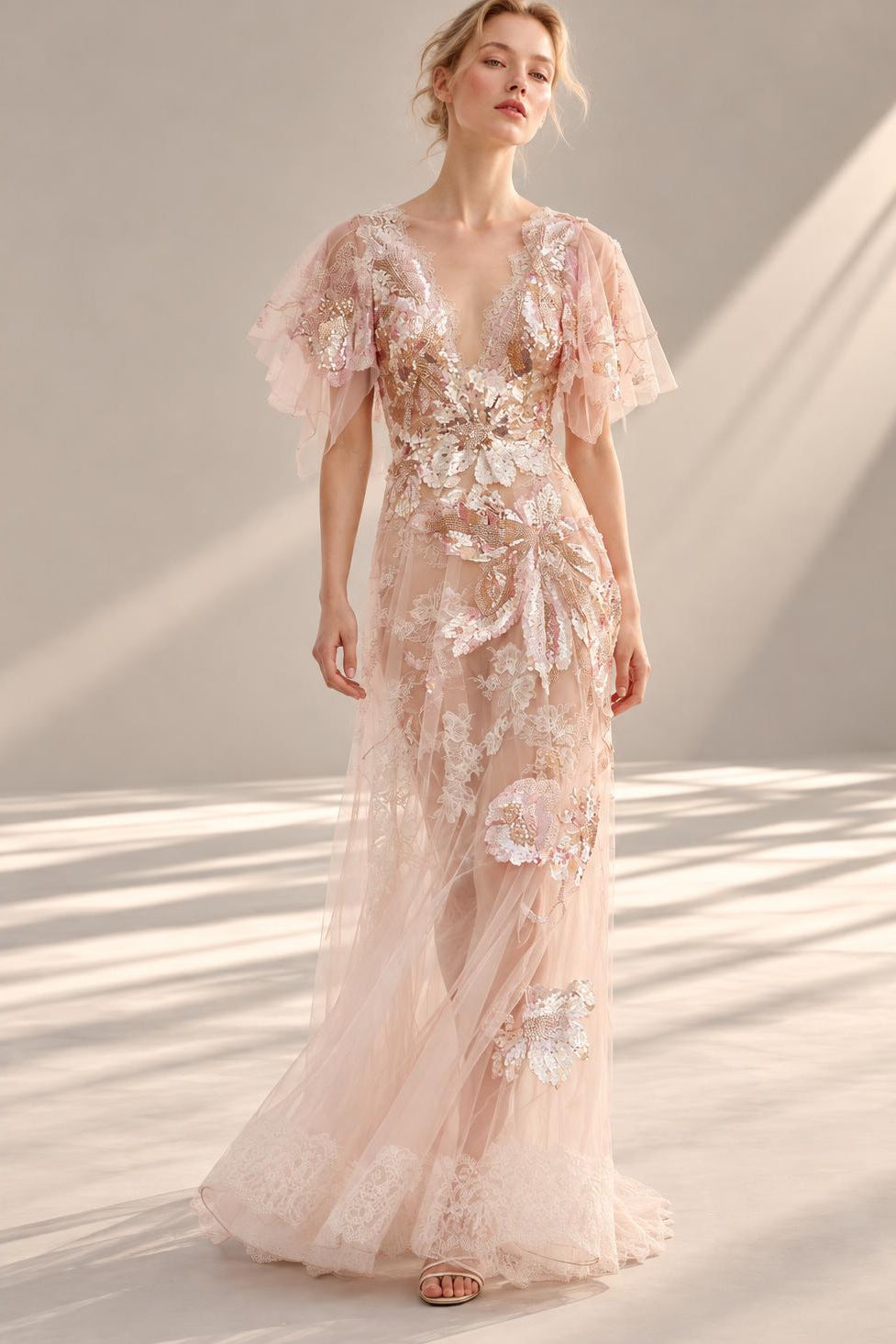 V-Neck Flutter-Sleeve Gown