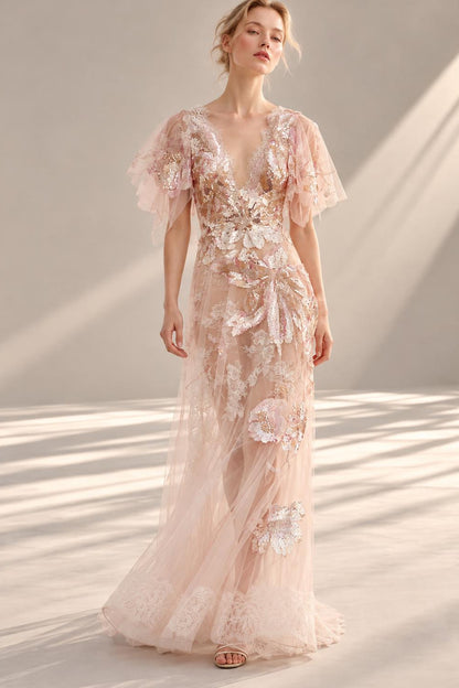 V-Neck Flutter-Sleeve Gown