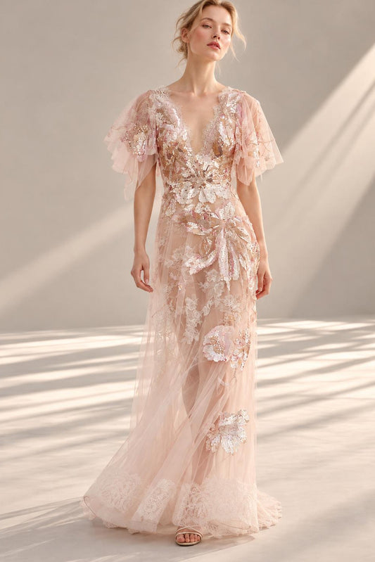 V-Neck Flutter-Sleeve Gown