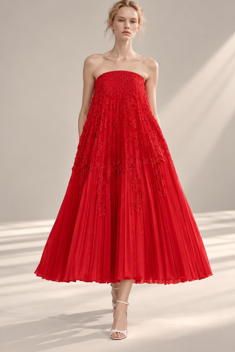 Strapless Plissé Midi Dress