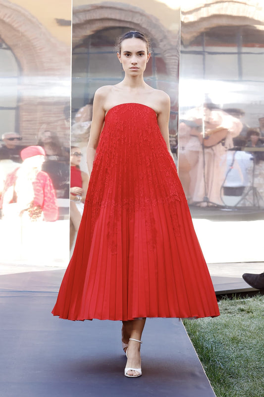Strapless Plissé Midi Dress