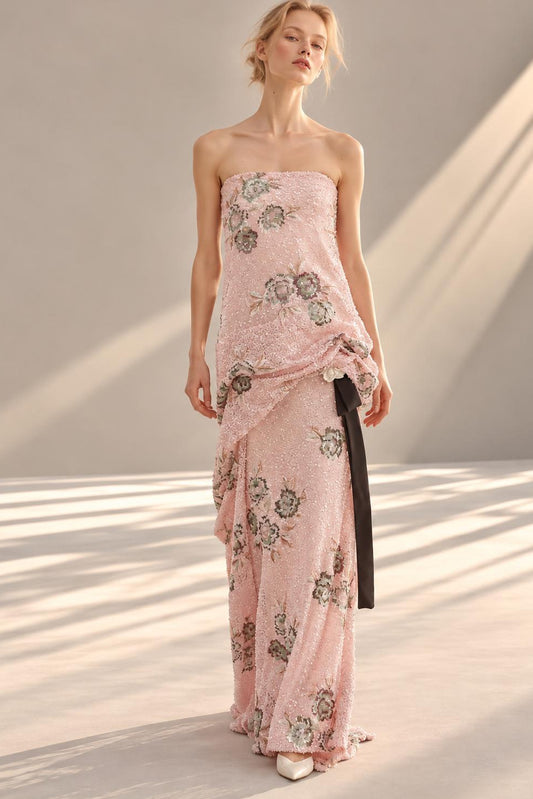 Strapless Sequin Draped Gown