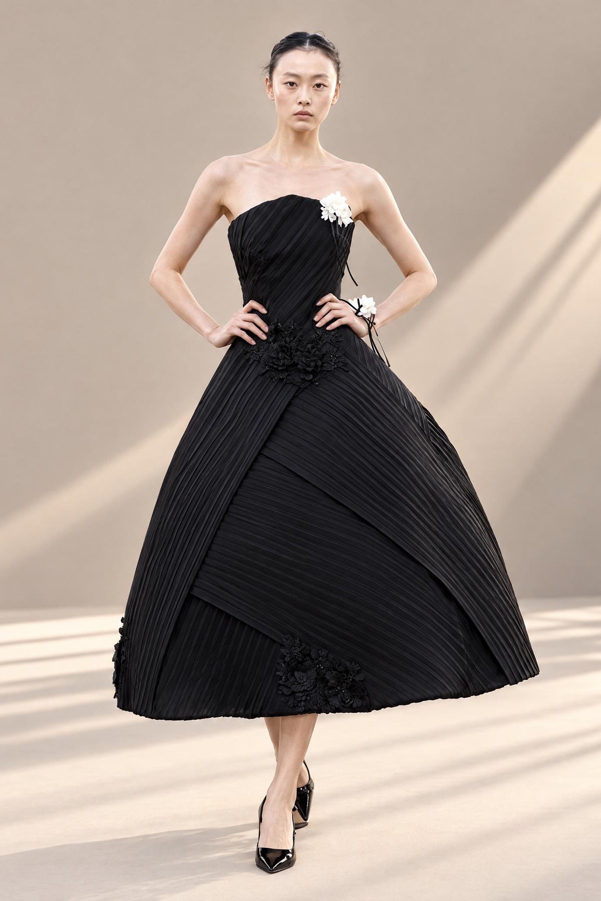 Strapless Pleated Midi Dress with Floral Appliqué
