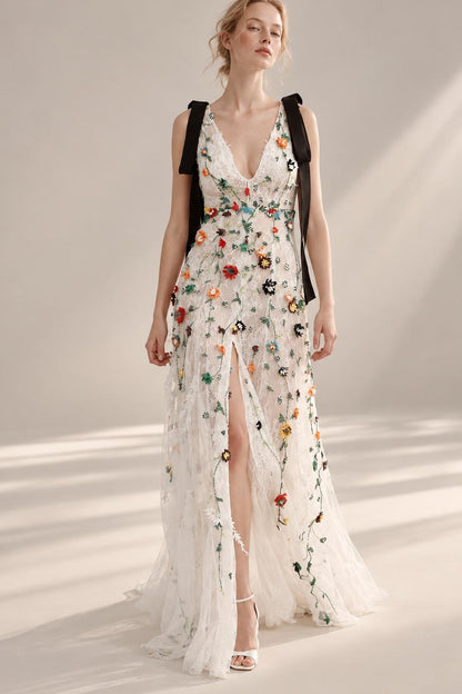 V-Neck Bow-Strap Slit Gown