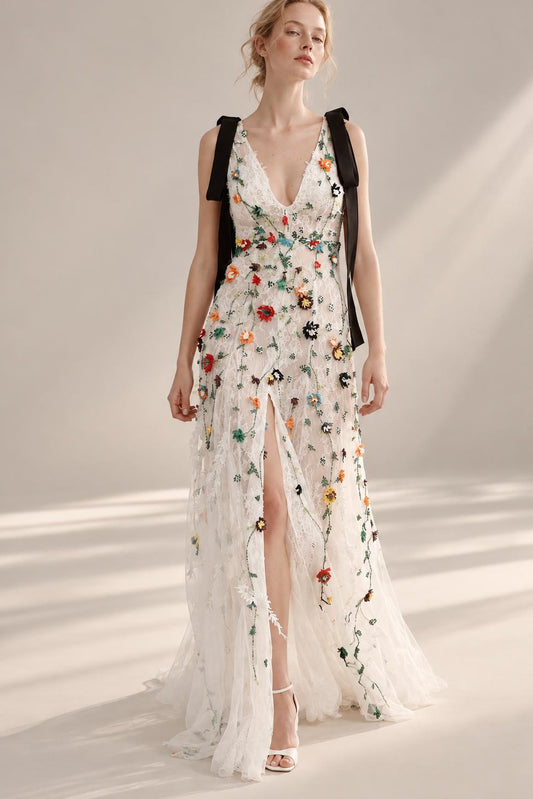 V-Neck Bow-Strap Slit Gown