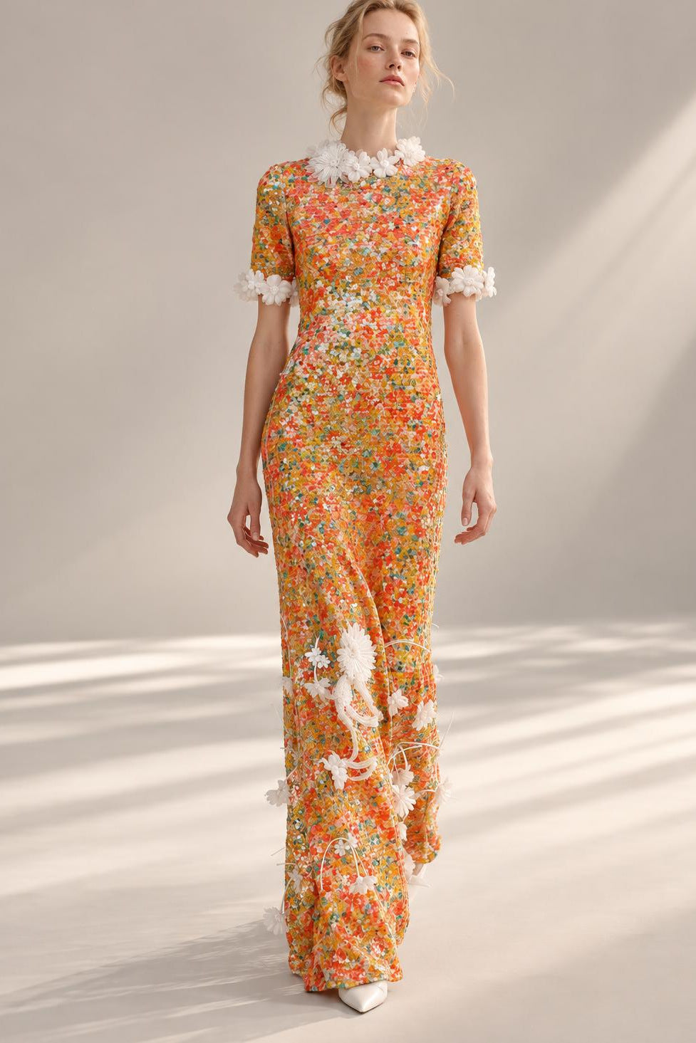 Short-Sleeve Sequin Gown