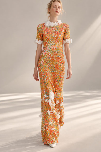 Short-Sleeve Sequin Gown