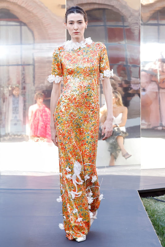 Short-Sleeve Sequin Gown