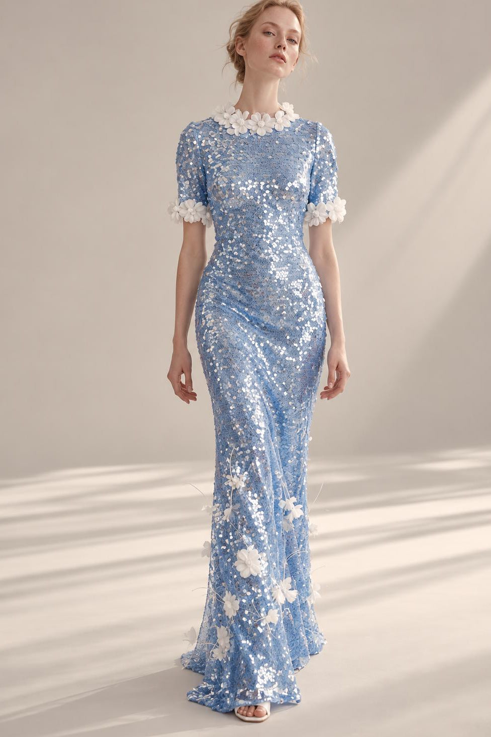 Appliqué Collar Sequin Gown