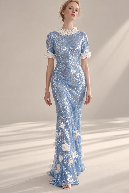 Appliqué Collar Sequin Gown