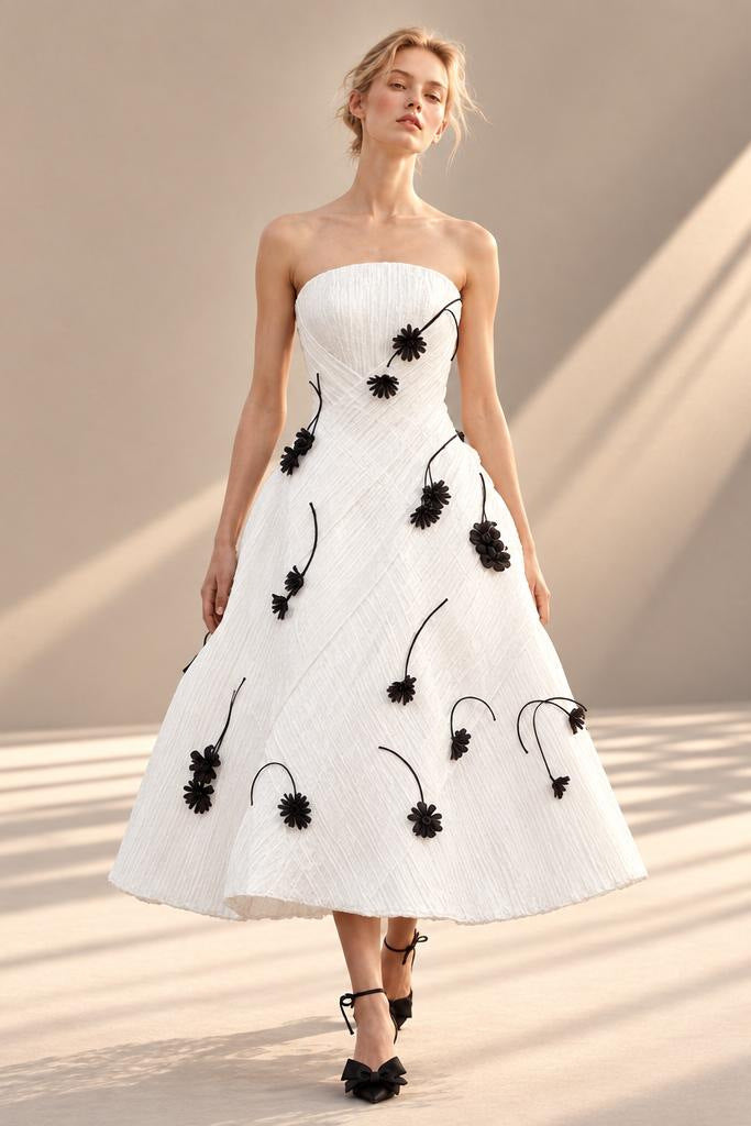 Strapless Appliqué Midi Dress
