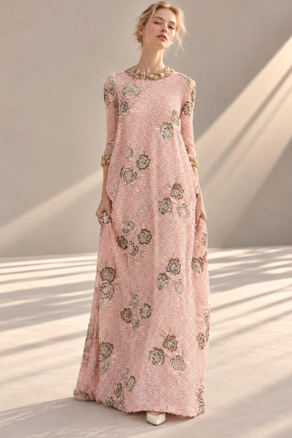 Jewel-Collar Floral Gown