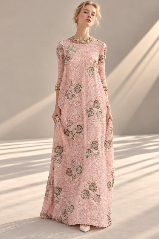 Jewel-Collar Floral Gown