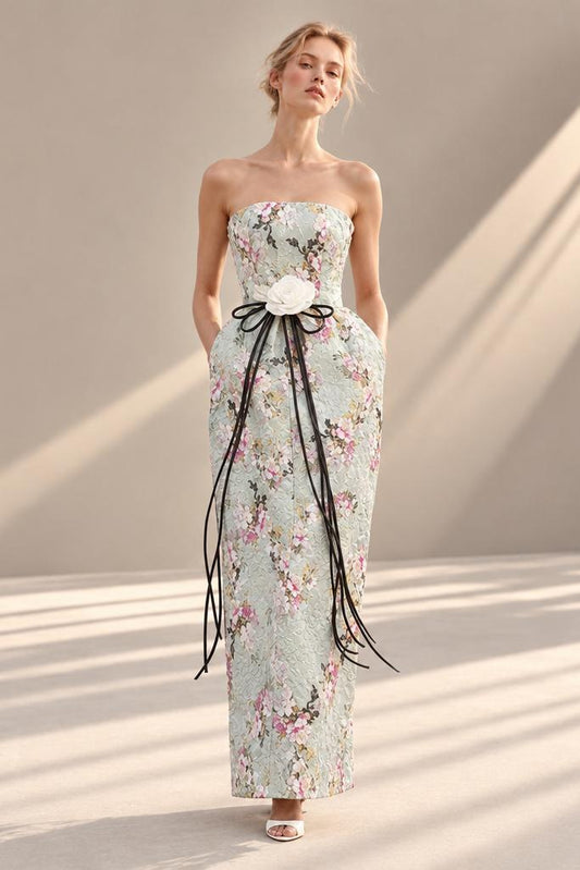 Strapless Floral Jacquard Gown
