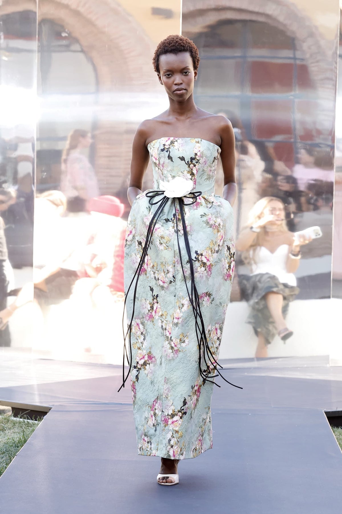 Strapless Floral Jacquard Gown