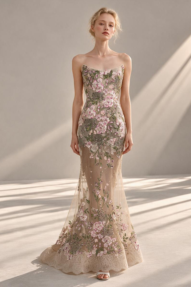 Strapless Embroidered Mermaid Gown