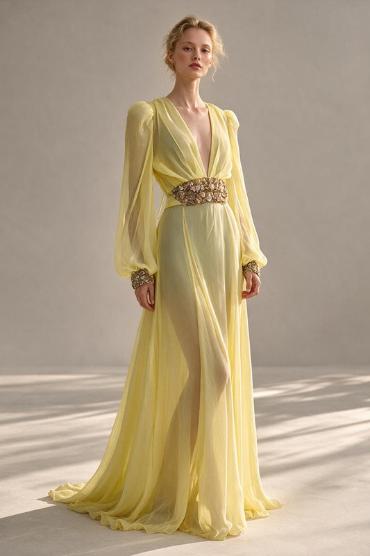 Balloon-Sleeve Chiffon Gown