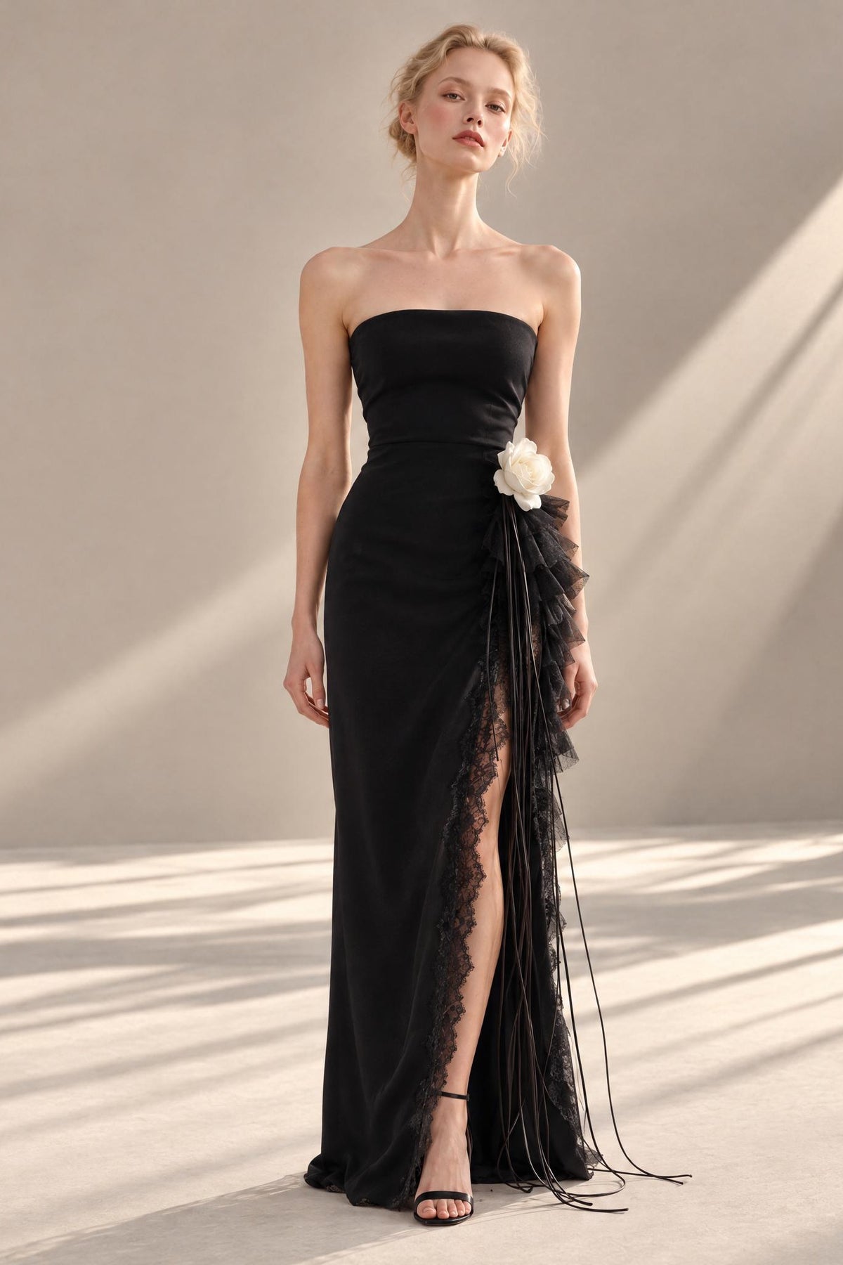 Strapless Fringe Slit Gown