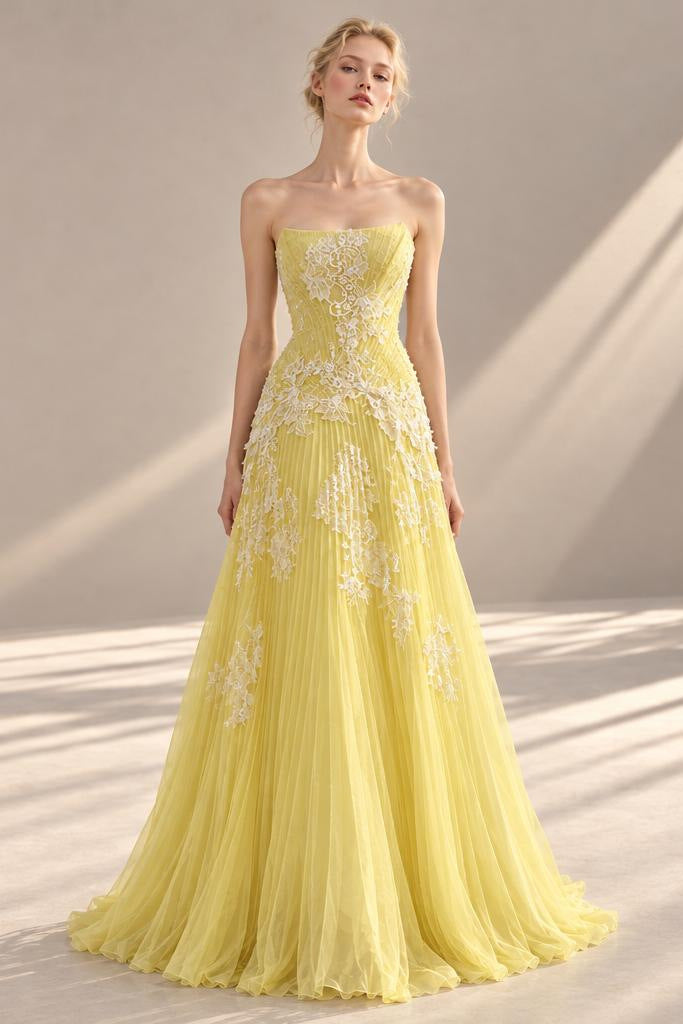 Strapless Lace Pleated Gown