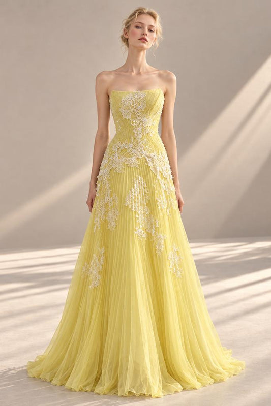Strapless Lace Pleated Gown