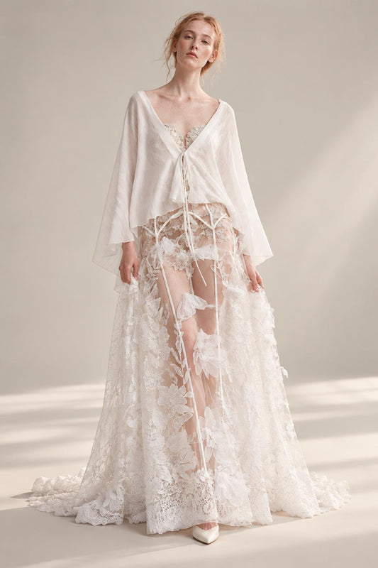 Lace Appliqué Cape Gown