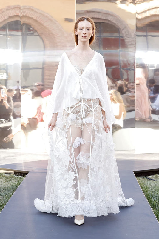 Lace Appliqué Cape Gown